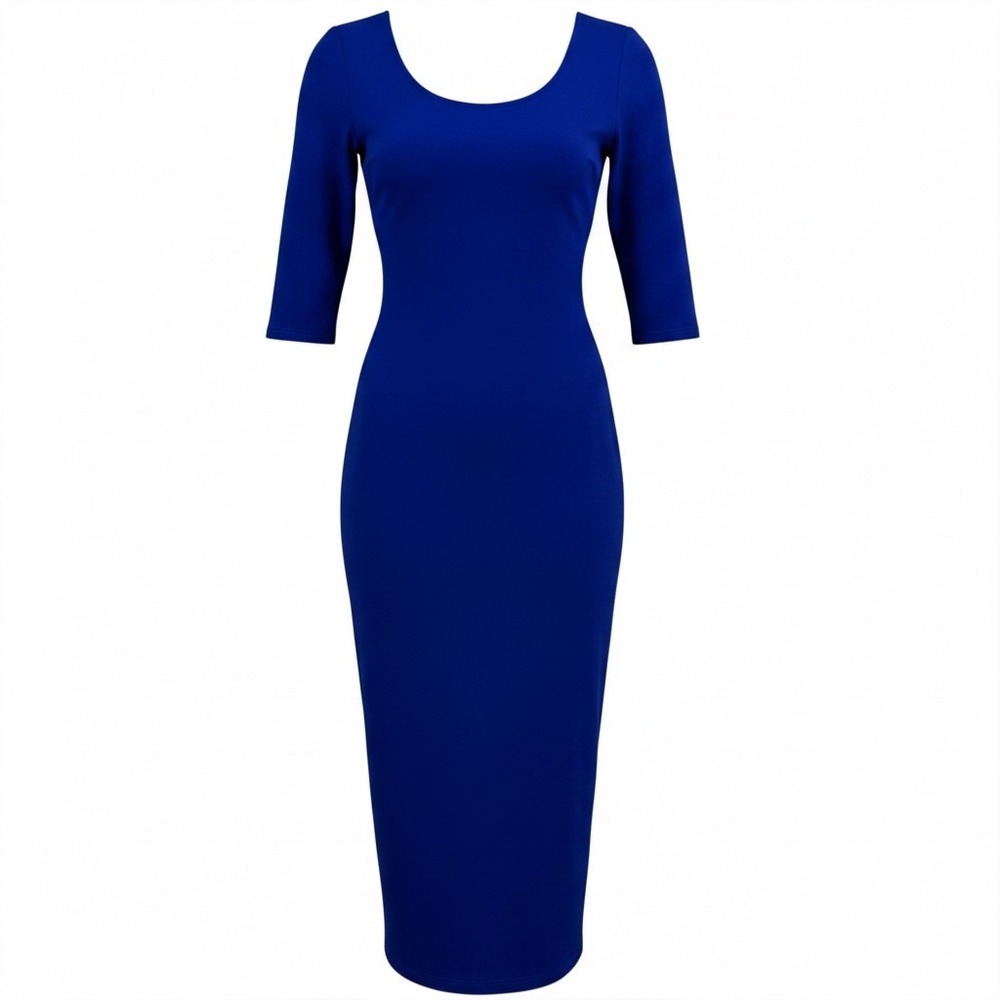Lac Bleu Royal Blue 3/4 Sleeve Midi Bodycon Pencil Dress Cobalt Women's Small